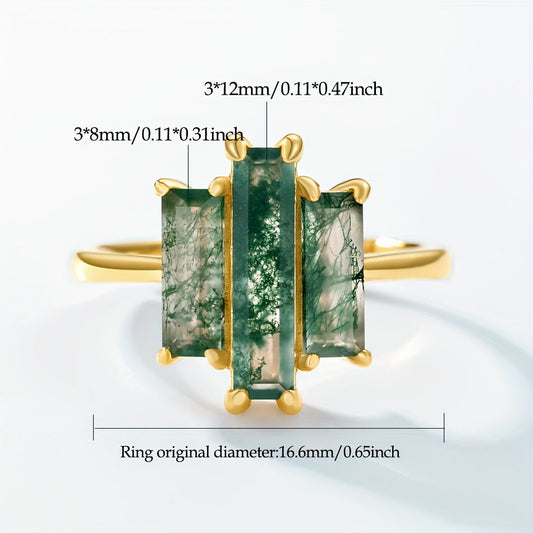 Vintage Moss Agate Ring with Elegant Design - 14K Gold Plated 925 Silver, Featuring Natural Stone, Handcrafted for June Birthstone, Open Band Perfect for Women, Unique Rectangular 3x12mm Pattern, Ideal for Parties and Everyday Wear