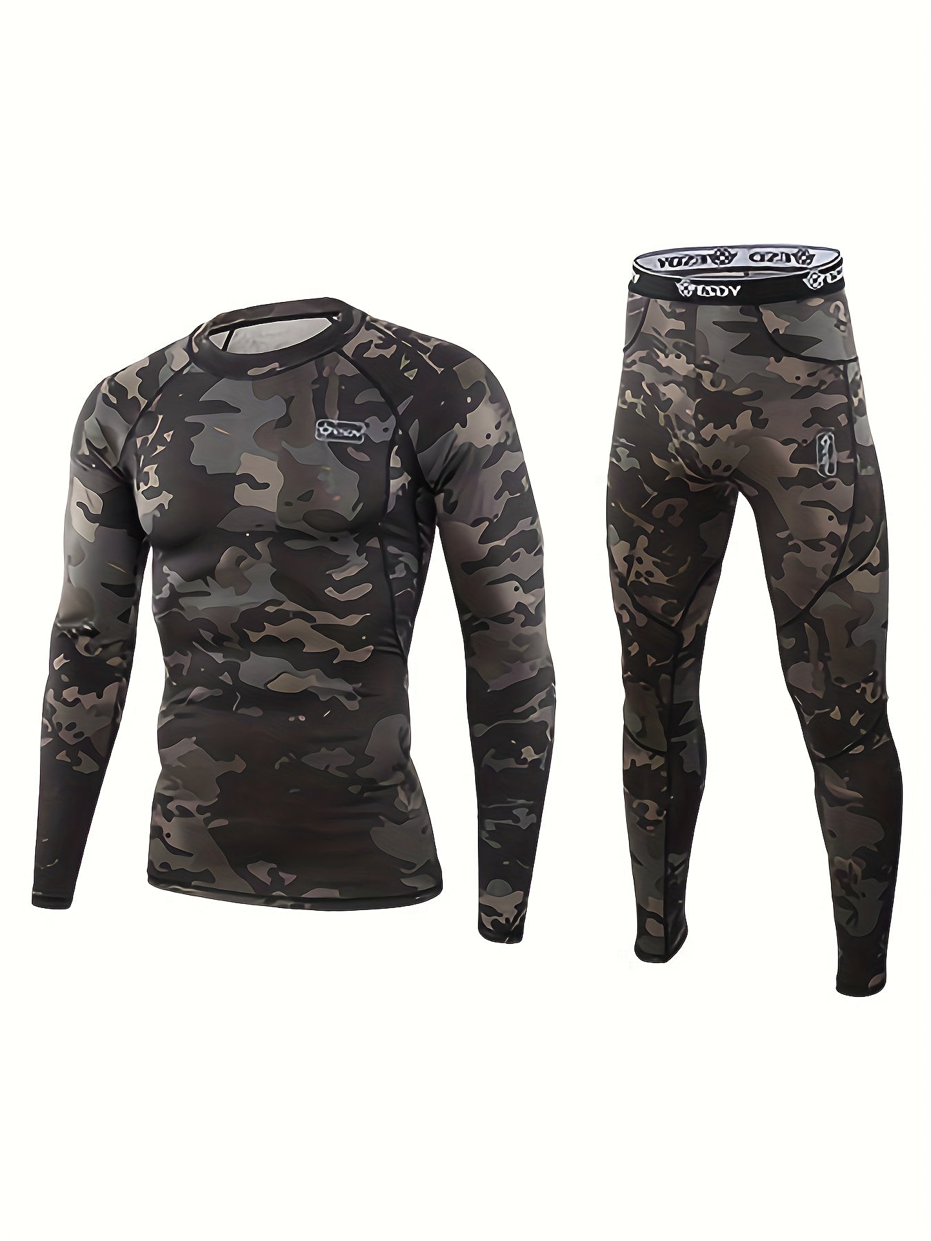 ESDY Men's Camouflage Thermal Underwear - 90% Polyester 10% Spandex, Long Sleeve Crew Neck, Skinny Fit, High Stretch Knit Fabric, Solid Color, for Hiking & Outdoor Activities, Fall/Winter