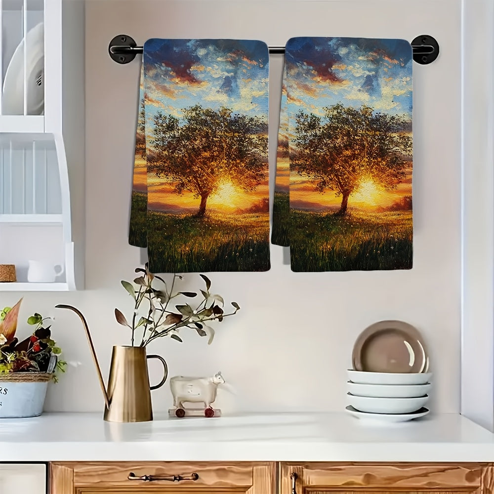 Get two ultra soft kitchen towels with "Sunset Serenity" and "Dusk Whimsy" designs. These highly absorbent polyester dish hand towels are machine washable and measure 40.64x60.96 cm. Perfect for holiday decor, these towels add a picturesque touch to your