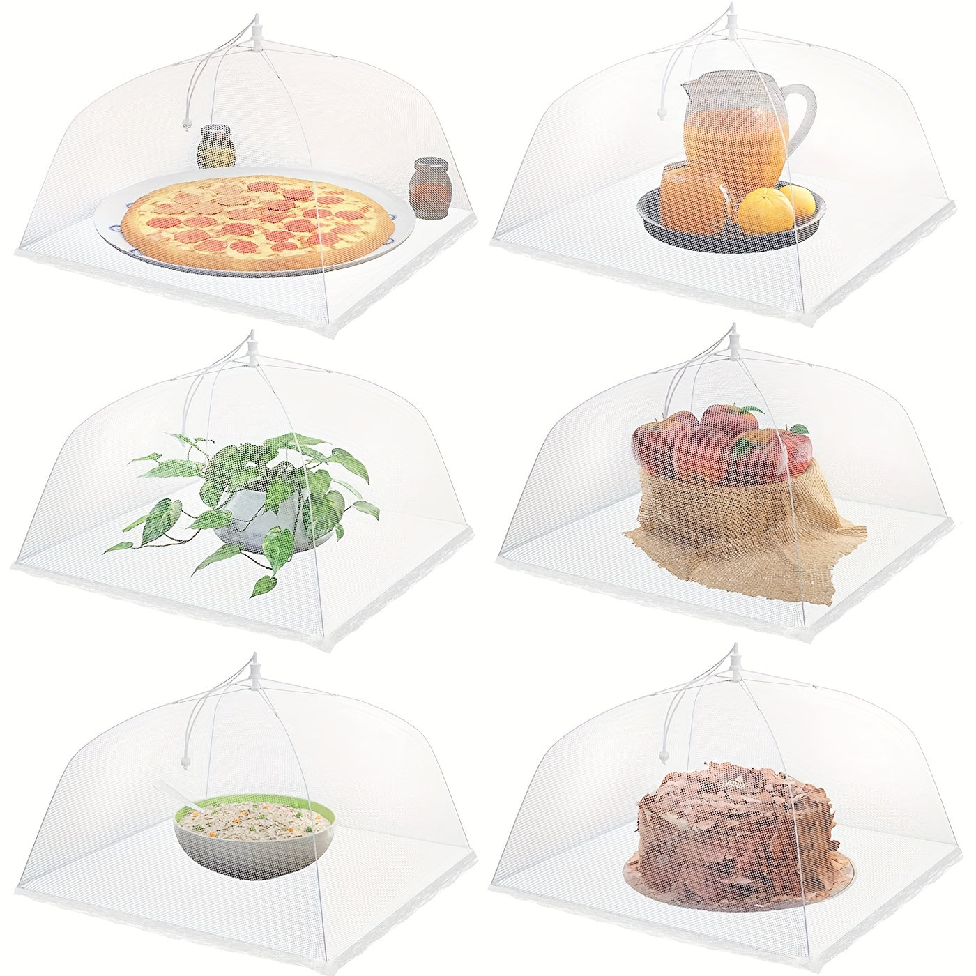 Large and tall pop-up mesh food covers tent umbrellas available in sets of 1, 2, 4, or 6. Perfect for outdoor events, screen tents, parties, picnics, and BBQs. These reusable and collapsible food covers are essential for picnics, camping, and BBQs. A