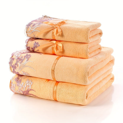 4-piece lace embroidery towel set includes 2 bath towels and 2 hand towels. Soft and absorbent, perfect for bathrooms.