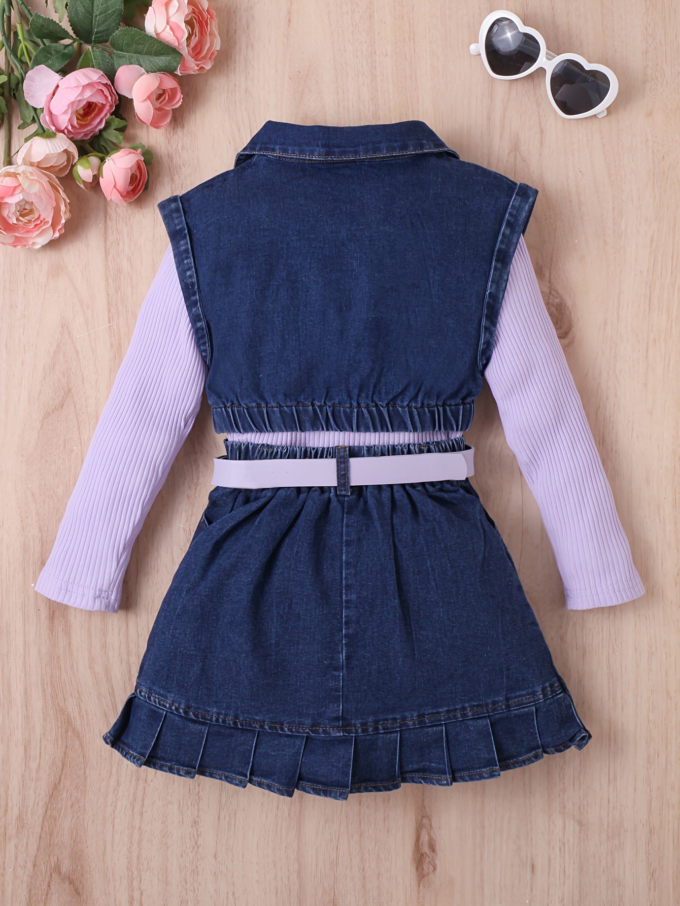 Girls' Fashion Casual Outfit Set: High neck long sleeve top with denim vest, knee-length pleated skirt with belt.