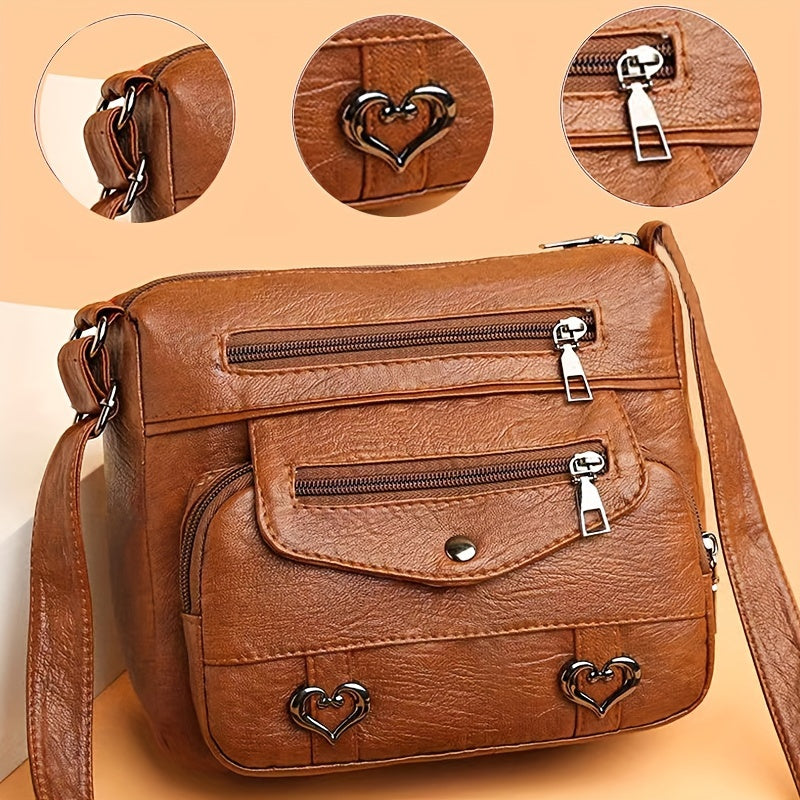 Brown Crossbody Bag with Adjustable Strap, Multiple Compartments, Heart Studs - Lightweight and Versatile