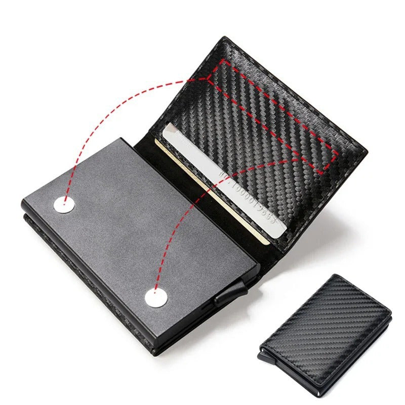 Sleek men's wallet with RFID-blocking technology, made of ultra-thin aluminum alloy with multiple card slots and stylish metal design.