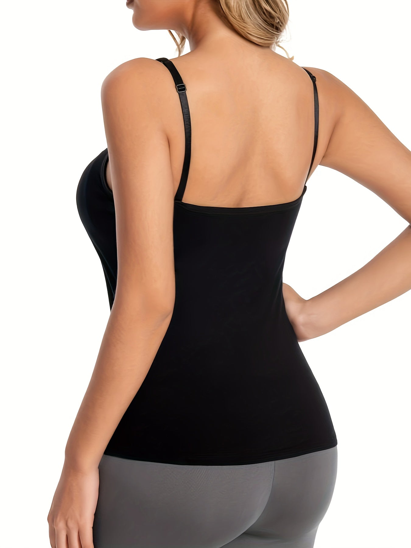 3 women's cami tops with built-in bra, sexy backless design, perfect for home or out. Stretch fit with bra cups, suitable for wearing outside.