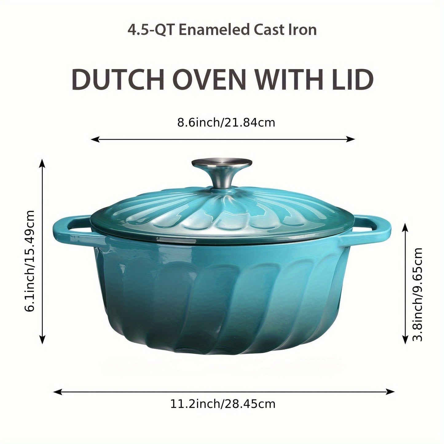 Turquoise blue enameled cast iron Dutch oven with lid, perfect for cooking on the stove or in the oven. This round casserole dish measures 28.45cm and is ideal for all your cooking needs.