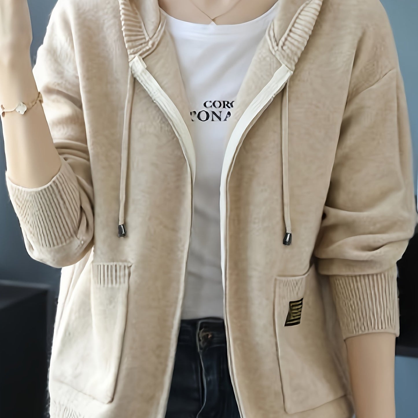 Women's Fashion Zip-Up Hooded Cardigan Sweater - Solid Color, Polyester and Acrylic Blend, Ideal for Spring/Fall/Autumn, Open Front.