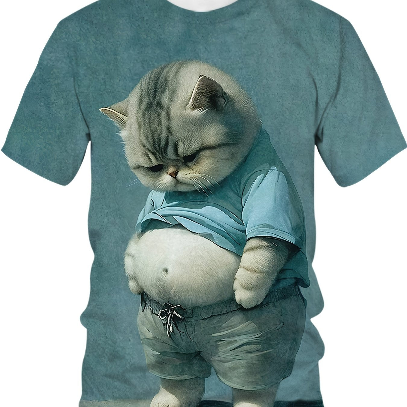 Casual round neck T-shirt with chubby cat print, made with knitted polyester fabric. Comfortable stretch and short sleeves make it suitable for business, outdoor activities, parties, or as