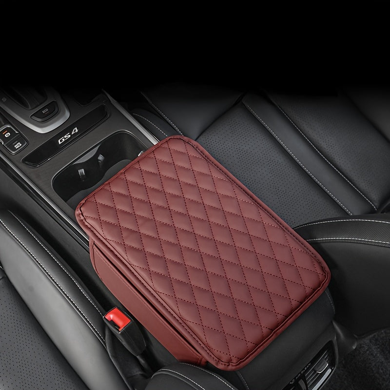 Red PU Leather Car Armrest Pad with Quilted Design, Elbow Support, Storage Pocket, and Scratch-Resistant Protective Cushion for Comfortable Driving.