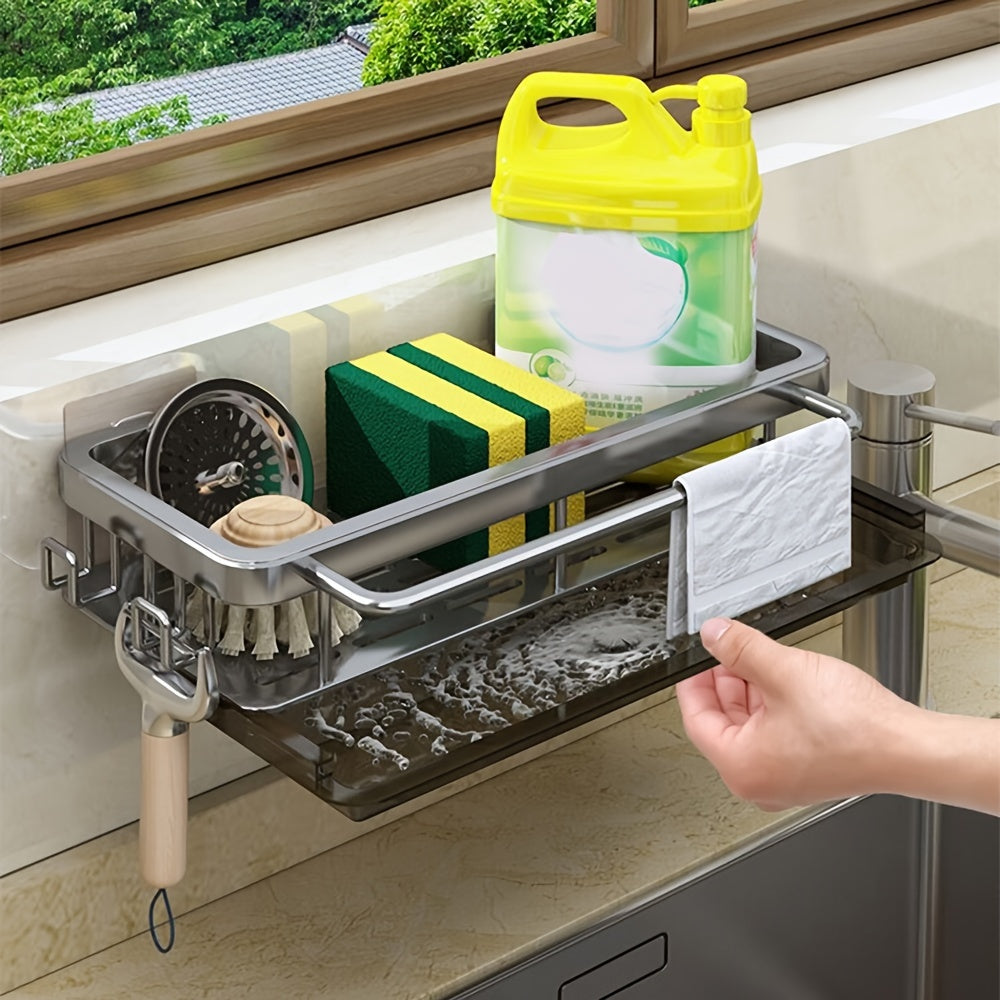 Wall mounted kitchen storage rack with built-in dish drainer and space-saving design, no need for drilling holes. Perfect for storing dish cloths and other kitchen accessories. Great multi-functional organizer for the home.