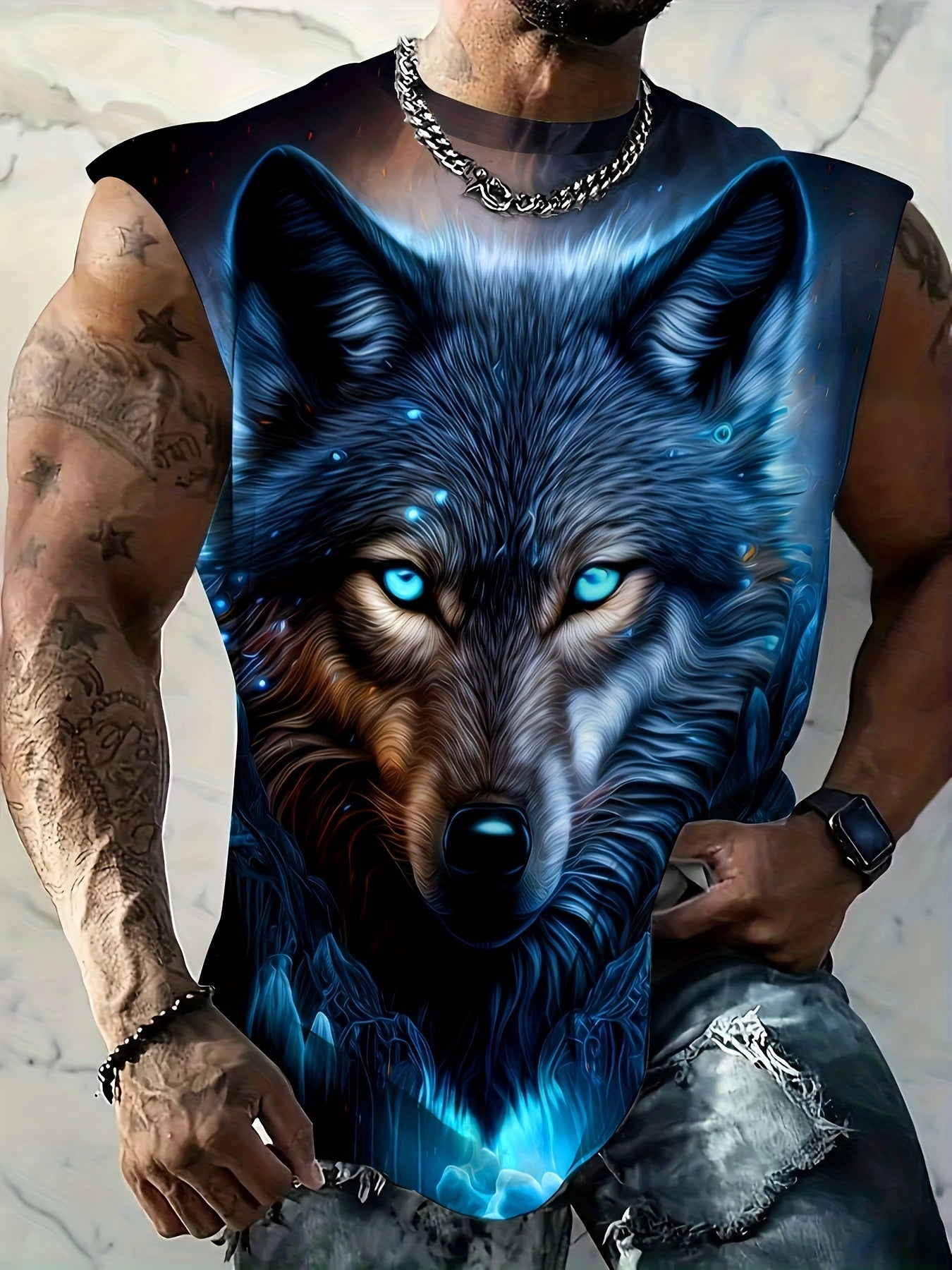 Men's Plus Size Wolf Print Tank Top - Breathable Polyester-Spandex Blend for Summer Fitness & Basketball Training, PLUS SIZE