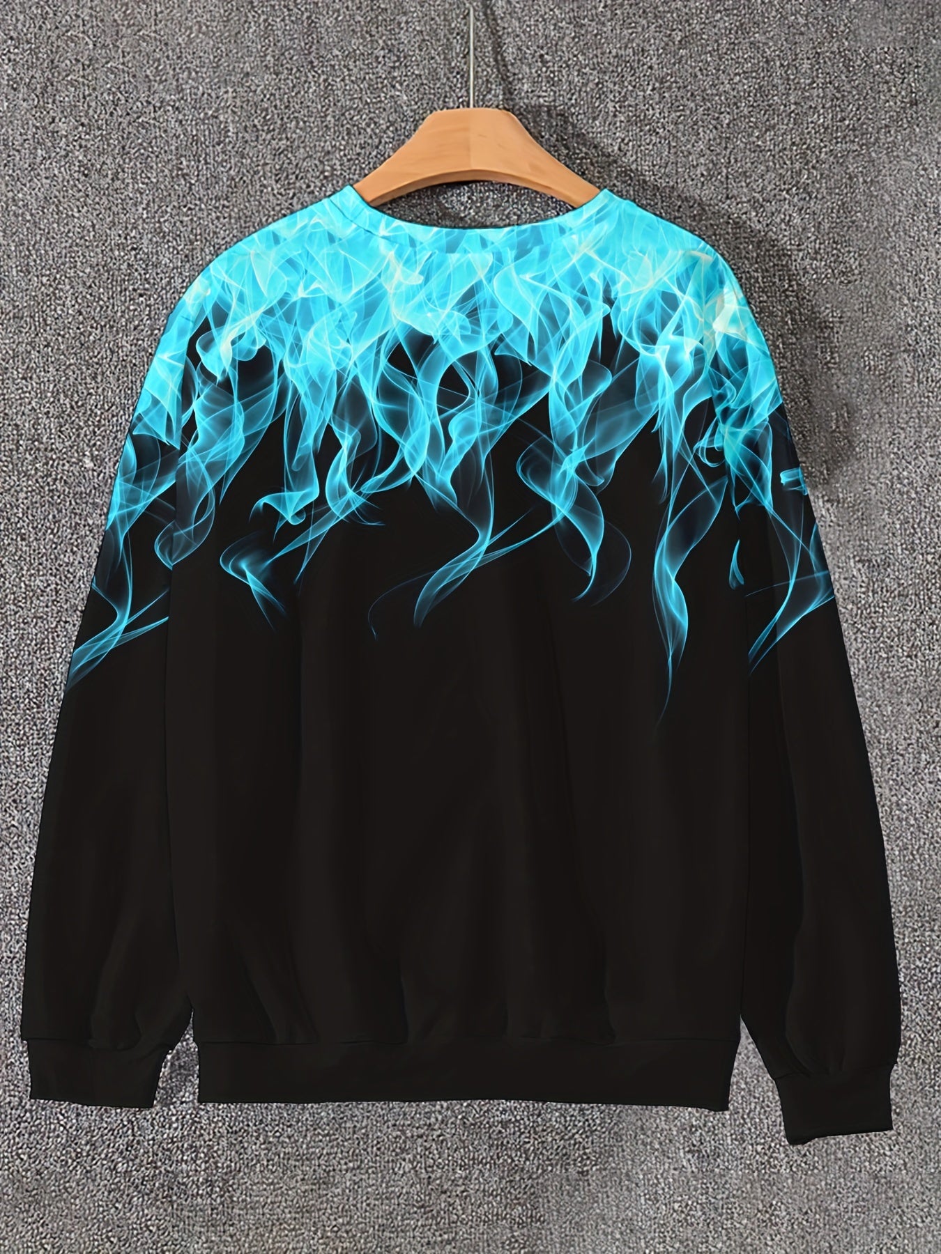 Men's Plus Size Casual Sweatshirt with Blue Flame Print - Cozy, stretchy polyester blend, machine washable, round neck pullover for fall/winter. Ideal for plus size individuals.