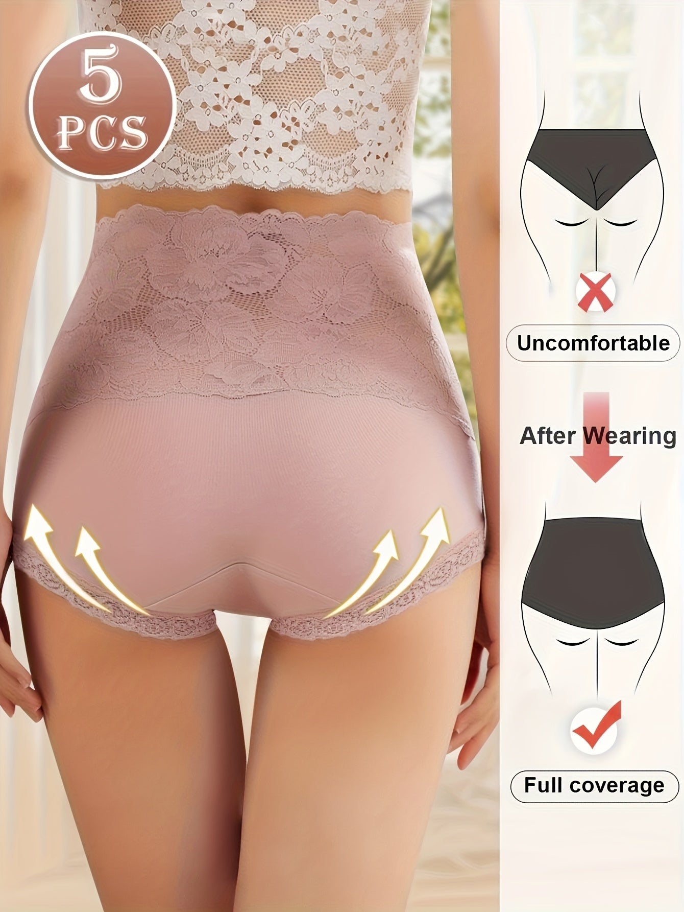 5 pieces of high-waist tummy control panties with lace trim, butt lift, and slimming design for plus-size women