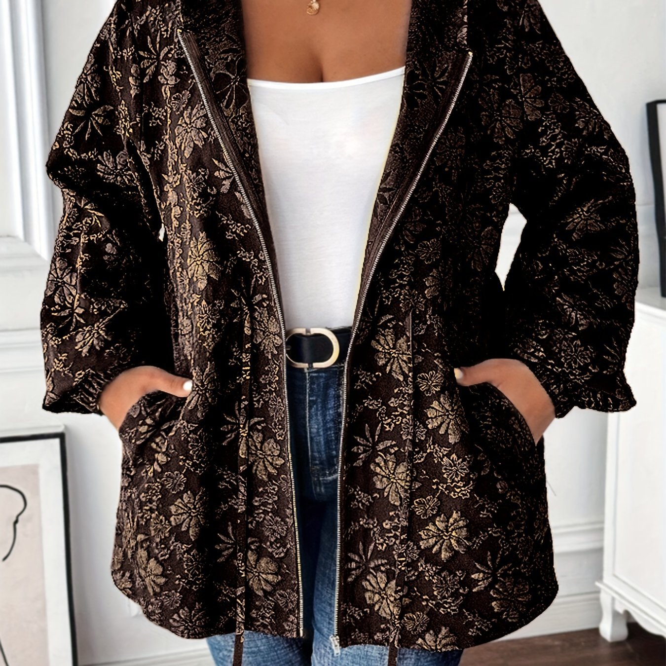 Stylish black floral jacquard hoodie jacket for plus-size women with drawstring and pockets.