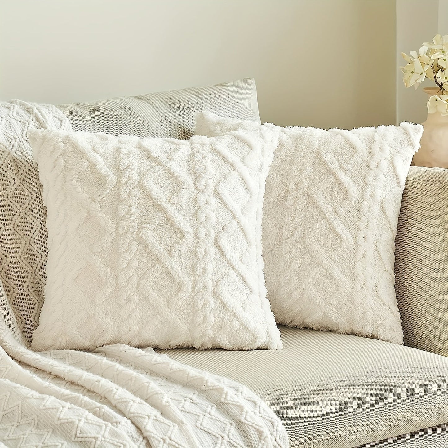 Soft plush geometric pattern throw pillow cover with a cozy and modern decorative cushion case featuring a zipper closure. Made of machine washable polyester in a blue and white herringbone design, perfect for use on the sofa or in the bedroom. Ideal for