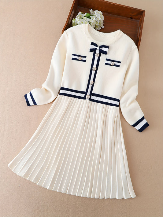 Stylish British-inspired princess dress with long sleeves, A-line pleated skirt, navy blue accents, cotton/nylon blend, ideal for spring and autumn