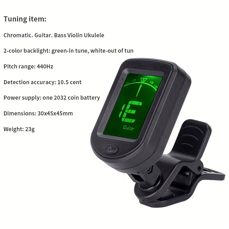 Accurate chromatic clip-on tuner for guitar, bass, violin, ukulele, and electric or classical guitars (includes button battery).