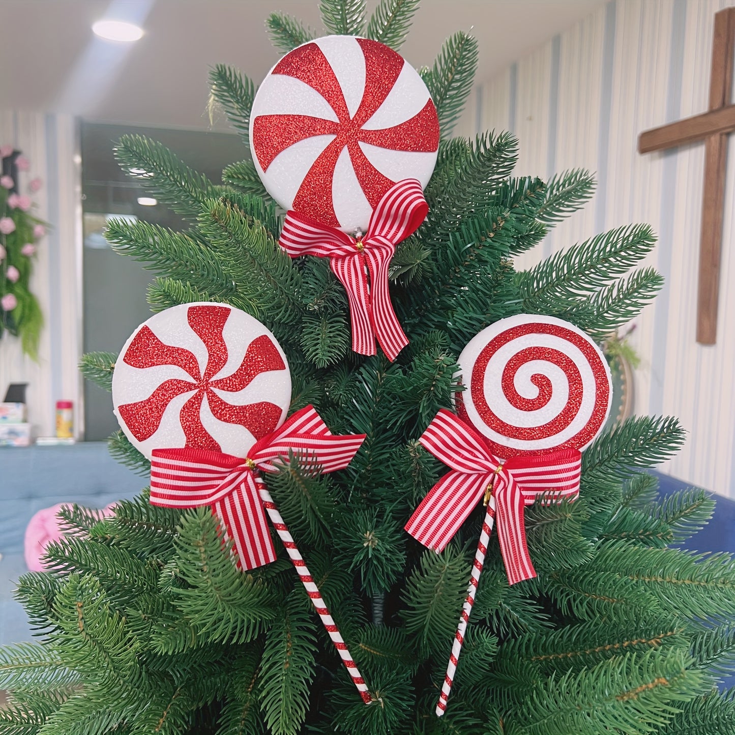 3-piece Christmas tree candy ornaments - red lollipop decorations for holiday parties, Halloween, and home decor - ideal for bedroom, living room, and desktop.