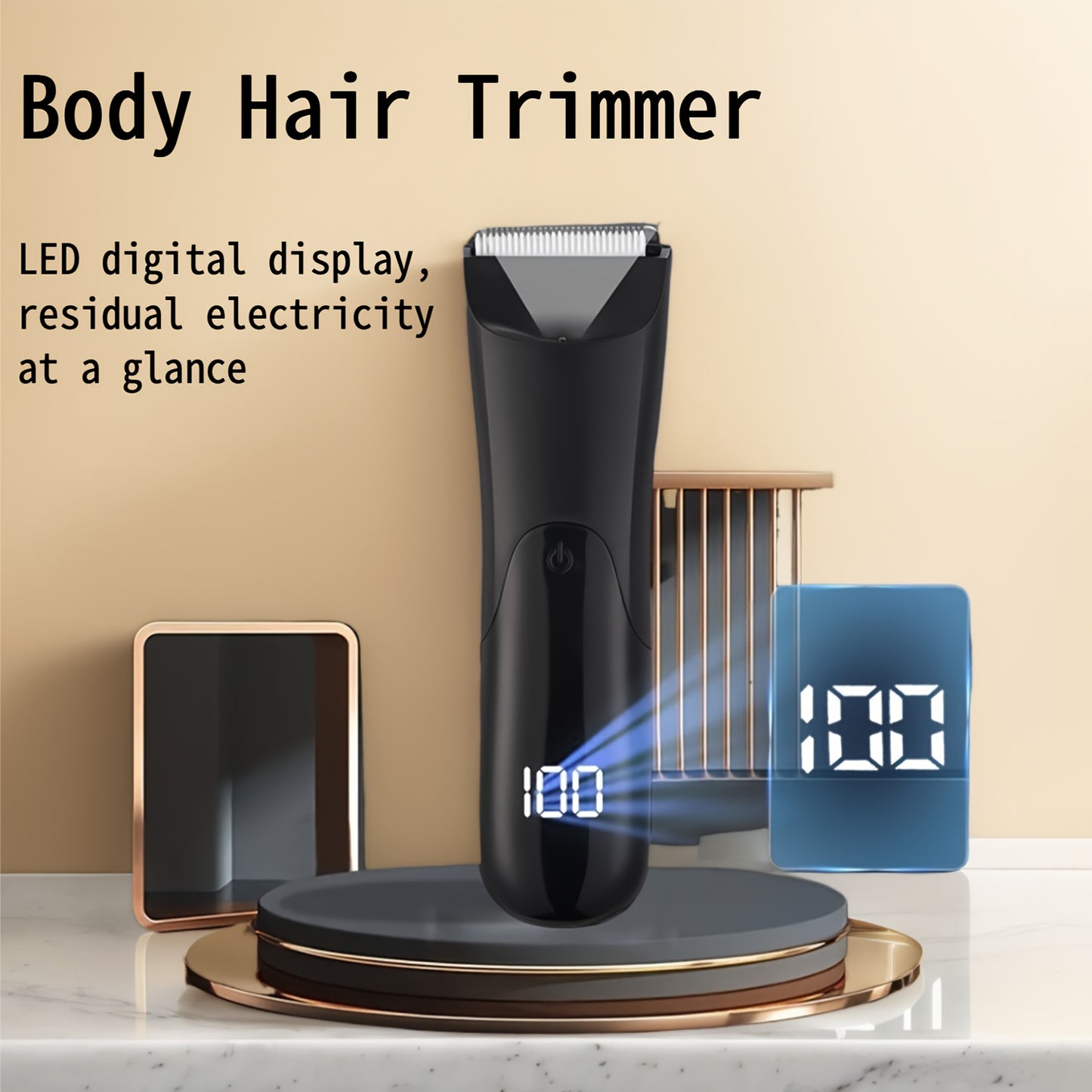 Men's groin and body hair trimmer with portable electric ball trimmer, ceramic blade head, 2 guard attachments, wet and dry shaver, silent USB rechargeable razor, LED light, and 500mAh