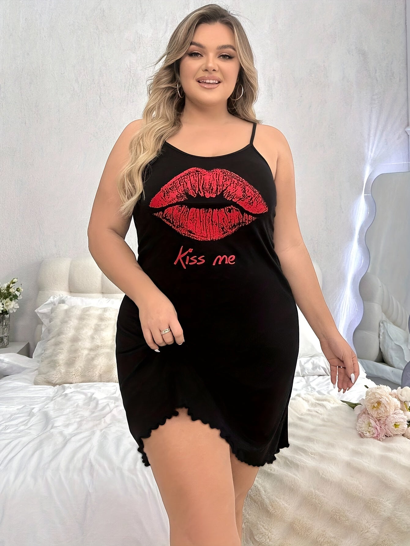 Casual cartoon print camisole dress for plus-size women, perfect for lounging at home or outdoor wear.