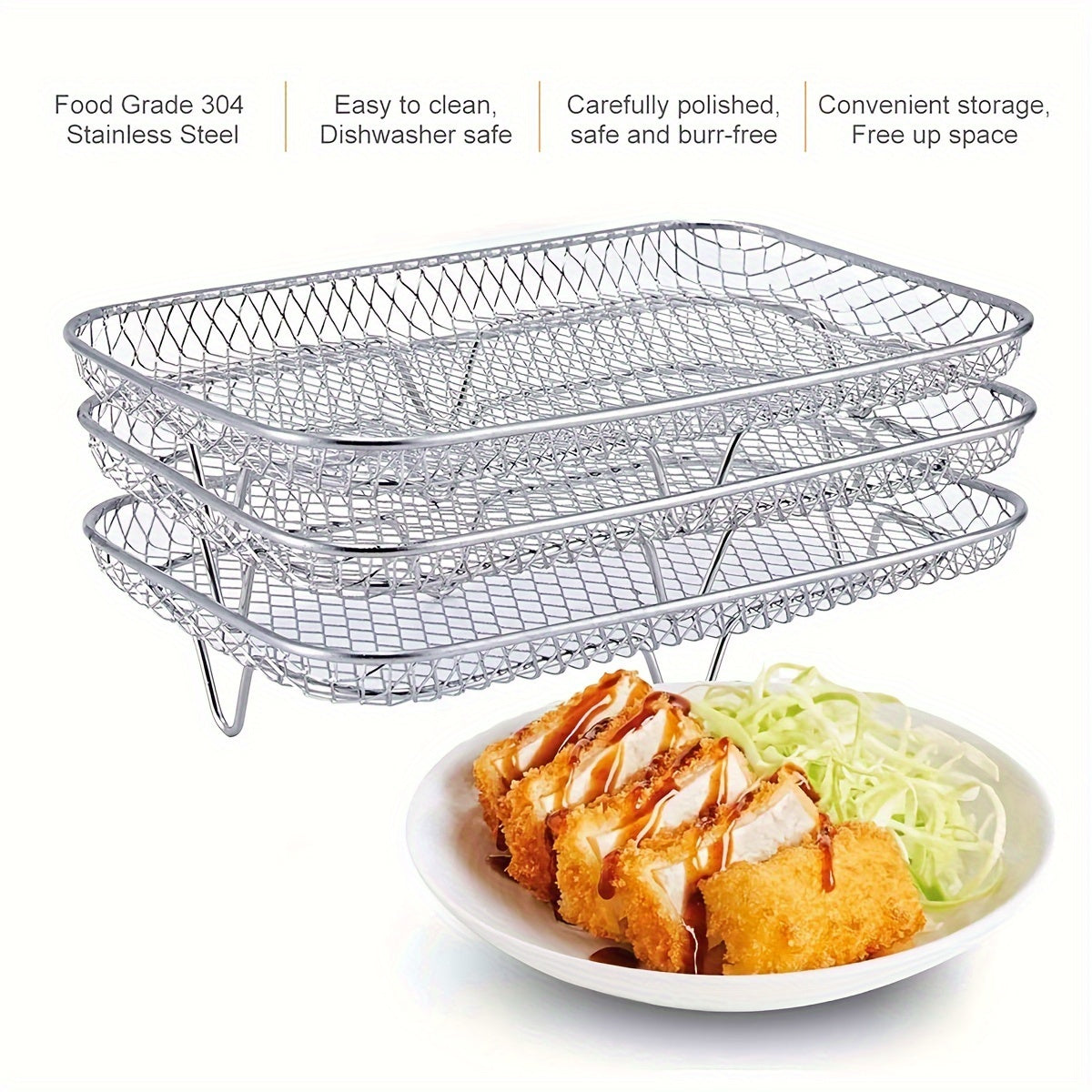 Stainless Steel 3-Piece Layered Rectangle Dehydrator Racks for Ninja Dual Air Fryer - Includes Grilling Rack, Air Fryer Rack, and Basket Tray with Clip and Heighten Feet Pad - Compatible with Double Basket Air Fryers