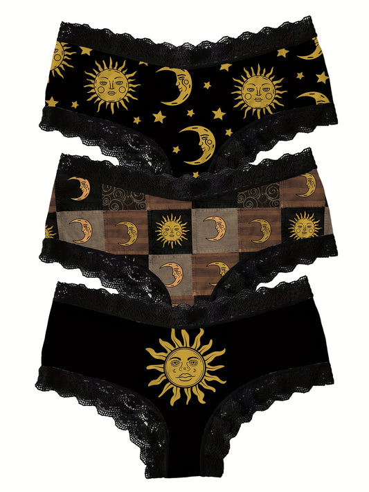 Moon & Sun Print Lace Trim Briefs - Comfy, Breathable, Stretchy Intimates for Women