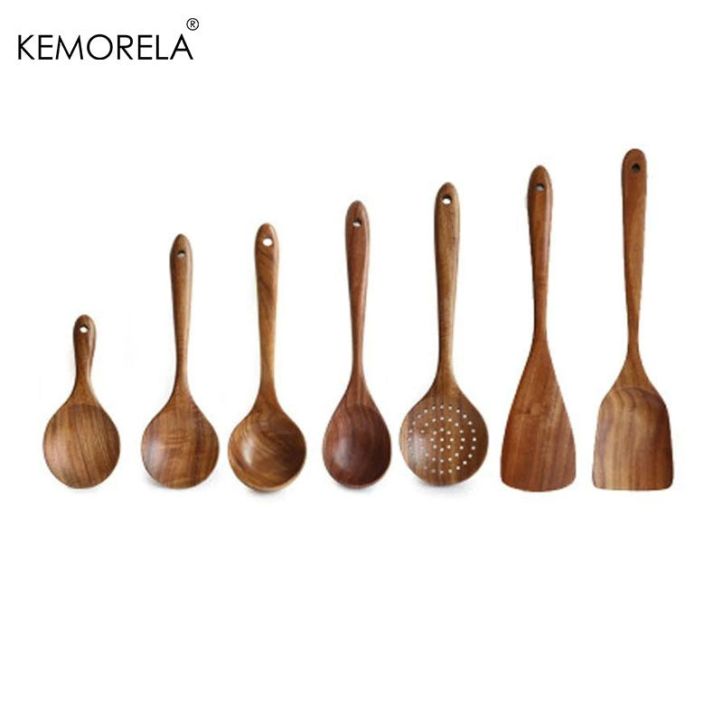 Set of 4/7 pieces of kitchen tools made from natural teak wood from Thailand, including spoons, ladles, turners, colanders, skimmers, and scoops, suitable for cooking and serving in the kitchen.