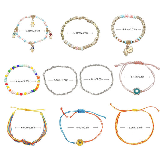 Set of colorful beaded bracelets with palm and heart charms, perfect for women who love vintage styles. Made from resin material, ideal for casual outfits and vacations. These bohemian-inspired jewelry pieces feature combination strings and are available