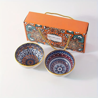 Handmade Bohemian ceramic bowl gift set featuring vibrant orange and blue mandala design. Ideal for serving cereal, ice cream, or pasta. Includes 2/4/6 bowls with elegant storage box. Perfect for holiday gatherings, Christmas, or Thanksgiving.