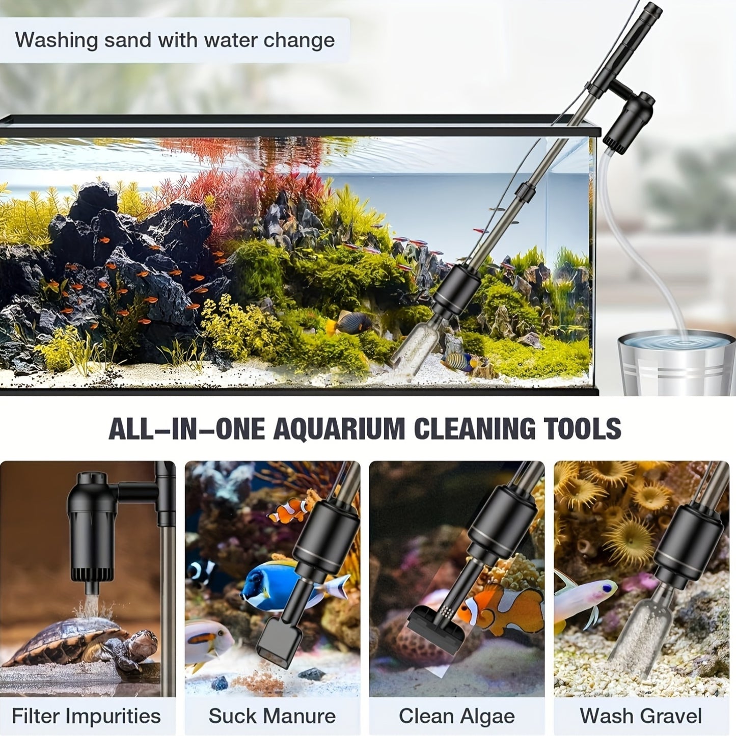 European Standard Aquarium Cleaning Tools, including Electric Automatic Water Changers, Water Pumps, Siphons, and Sand Washers.