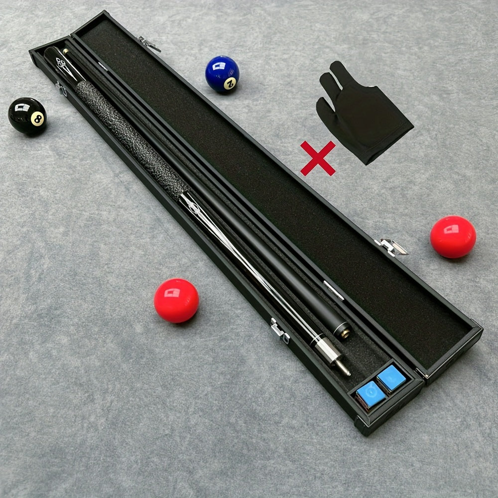 Billiard Cue Set includes 1 premium cue, 1 high-quality cue box, and 2 pieces of gun powder. The cue features a carbon forearm, non-slip line grip, and excellent hitting effect. Length