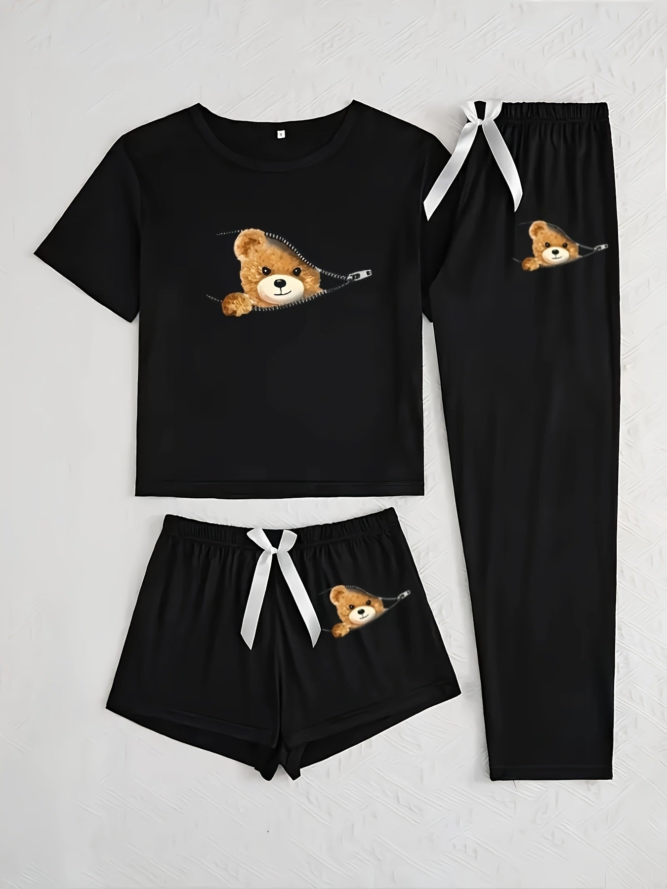 Zipper bear print pattern pajama set with short sleeve and long pants shorts for women's home sleepwear.