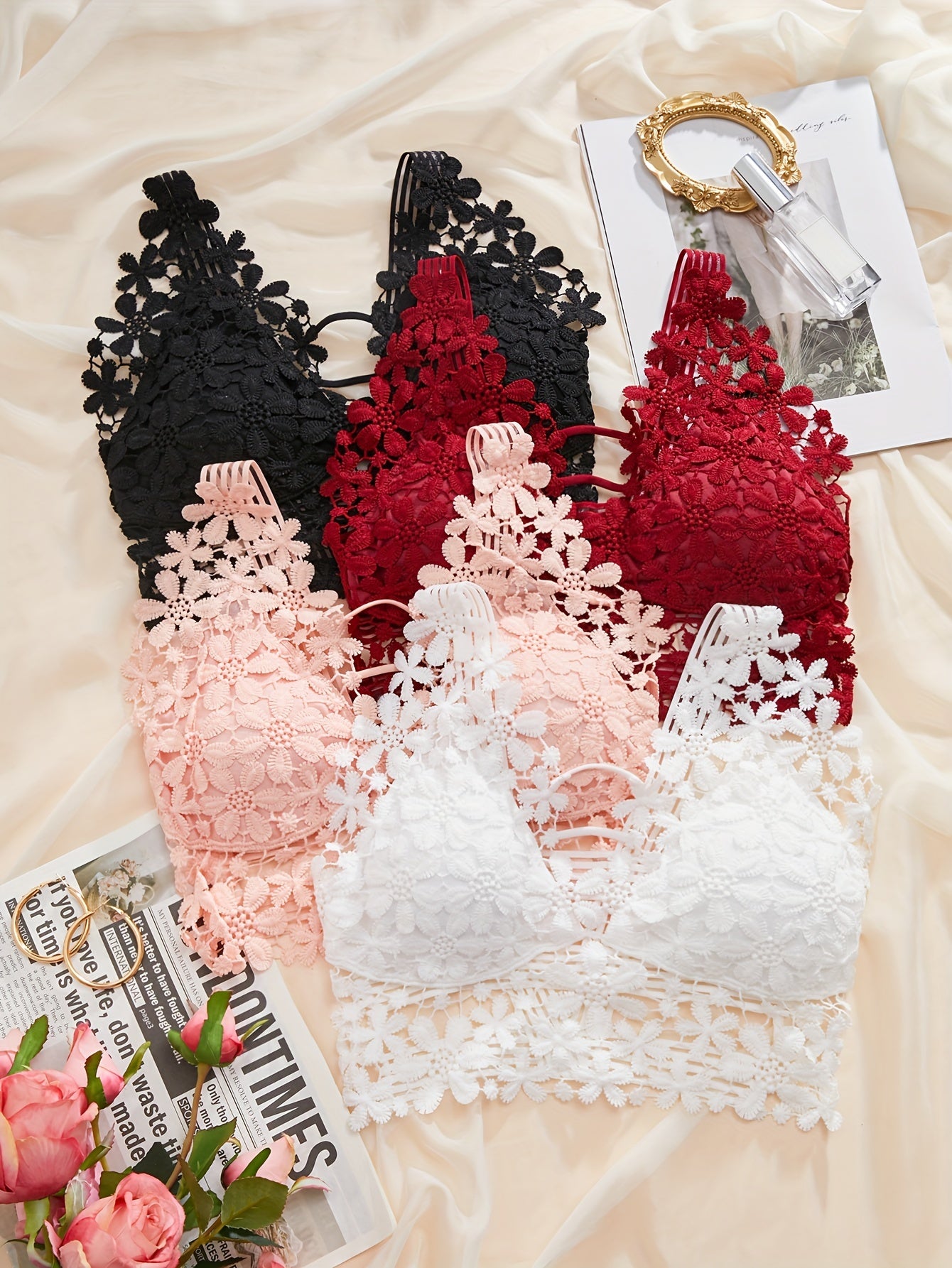 4 wireless lace bras with contrast details, comfortable and breathable cut-out style, for women's lingerie and underwear.