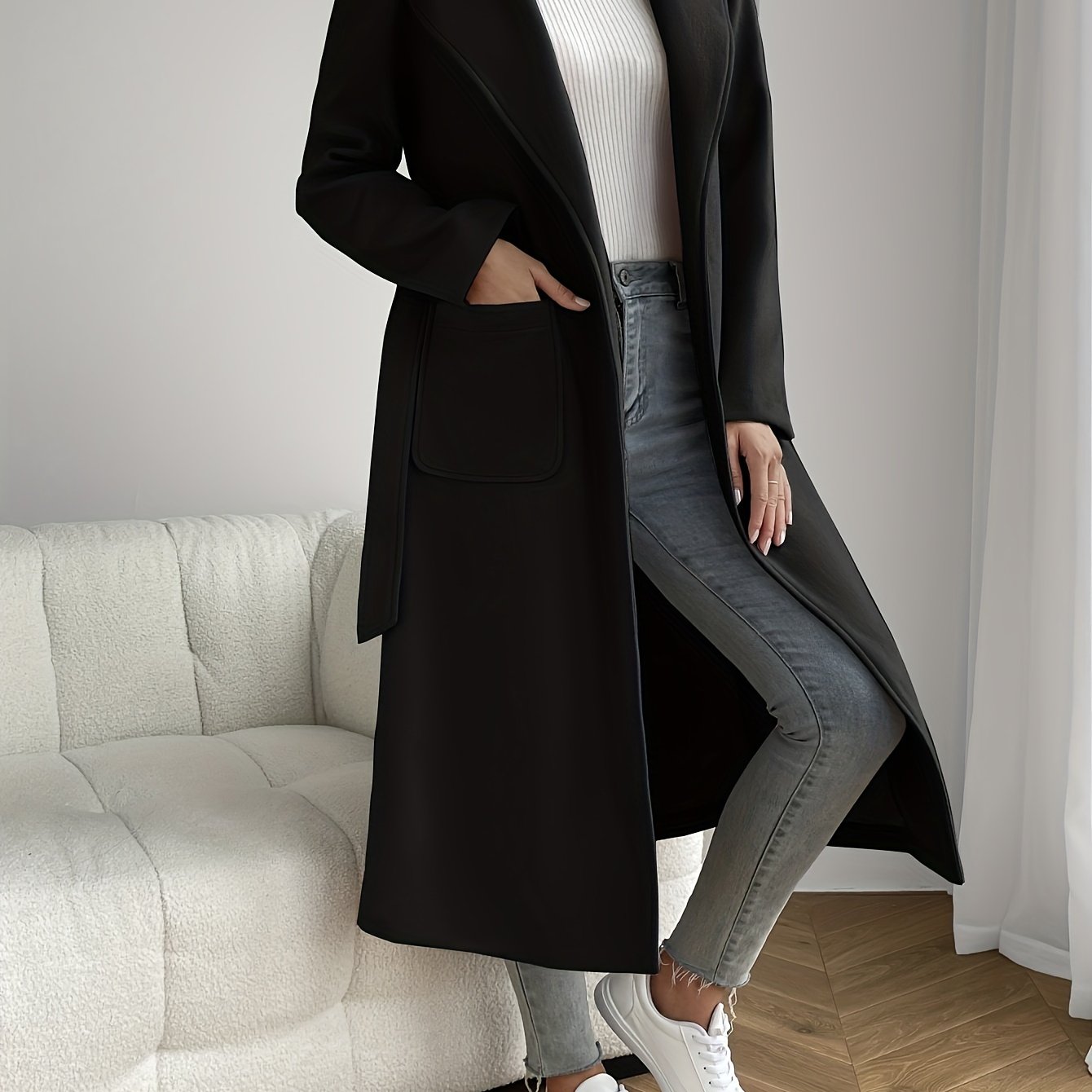 Solid color belted overcoat, stylish collar, long sleeves, mid-length for fall & winter, women's outerwear.