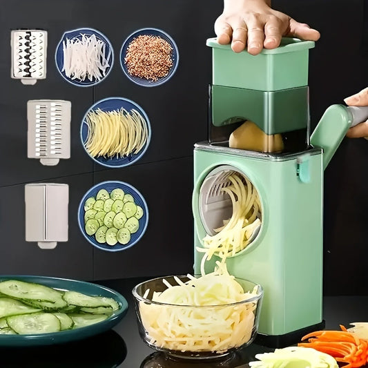 One kitchen manual high-speed slicer, with 6 interchangeable blades, suitable for slicing vegetables, nuts, and cheese. Features a rotating handle for easy use. Great for potatoes, carrots, and zucchini.