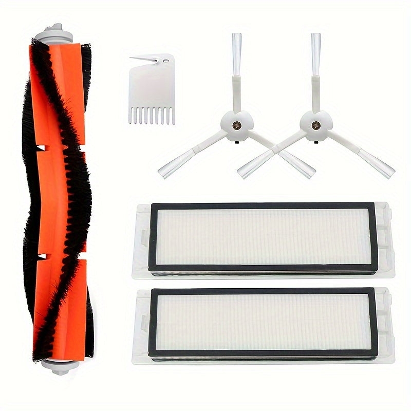 The 6-piece replacement accessory kit is compatible with Roborock S6, S6 Pure, S5, S5 Max, S4, E4, E20, E25, E35, C10, and S50 robot vacuums. This kit includes 1 main brush, 2 filters, 2 side brushes, and 1 cleaning tool, all made of durable plastic