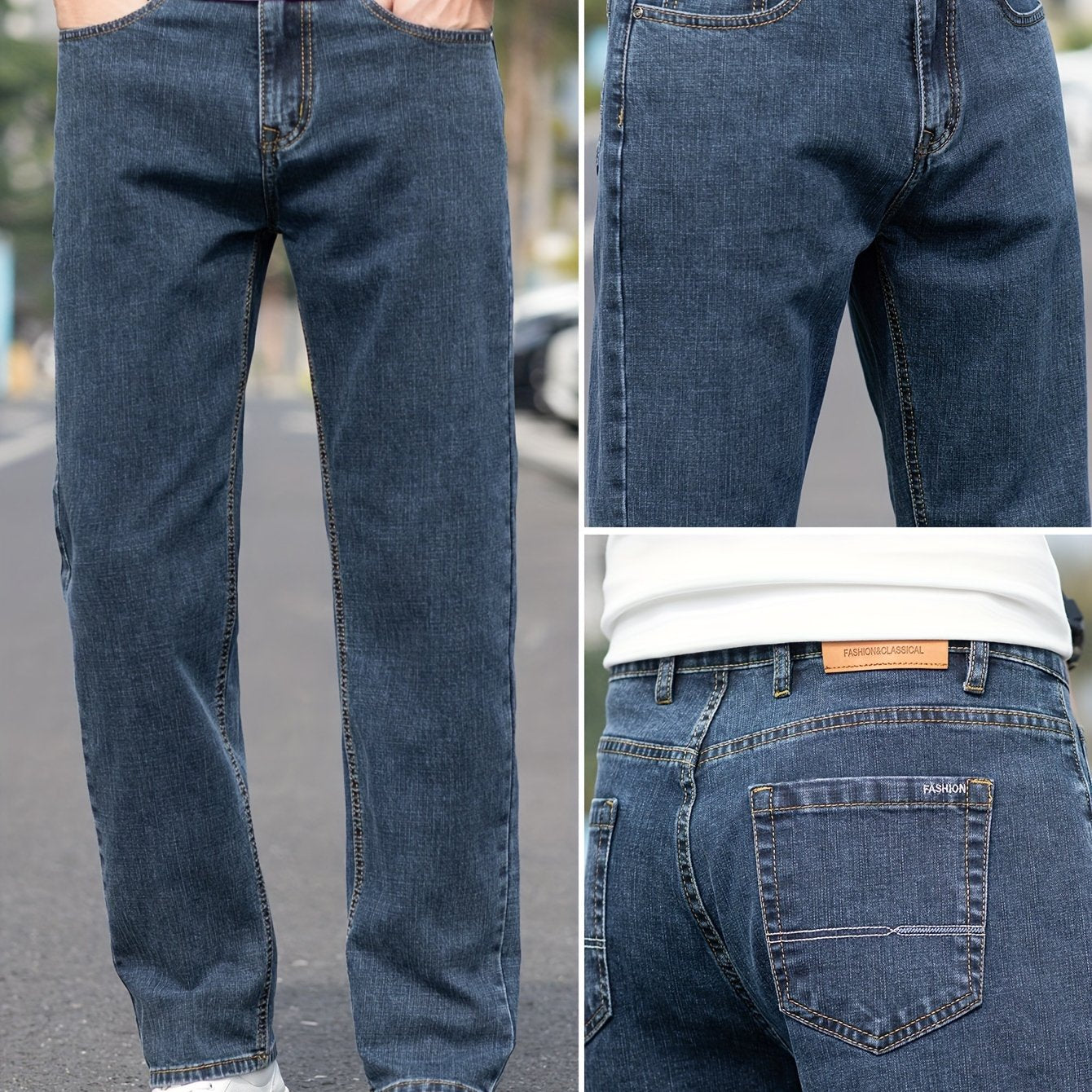 Solid loose denim trousers with pockets for men, made from breathable cotton blend. Perfect for outdoor activities.