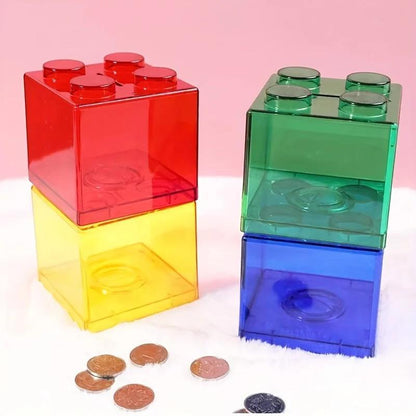 Clear plastic coin bank for saving coins at home.