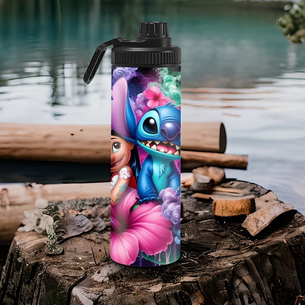 20oz stainless steel water bottle with Stitch and Lilo design, lockable lid, BPS-free, ideal for hot & cold beverages, perfect for outdoor travel, reusable & durable - great Christmas and birthday gift option.