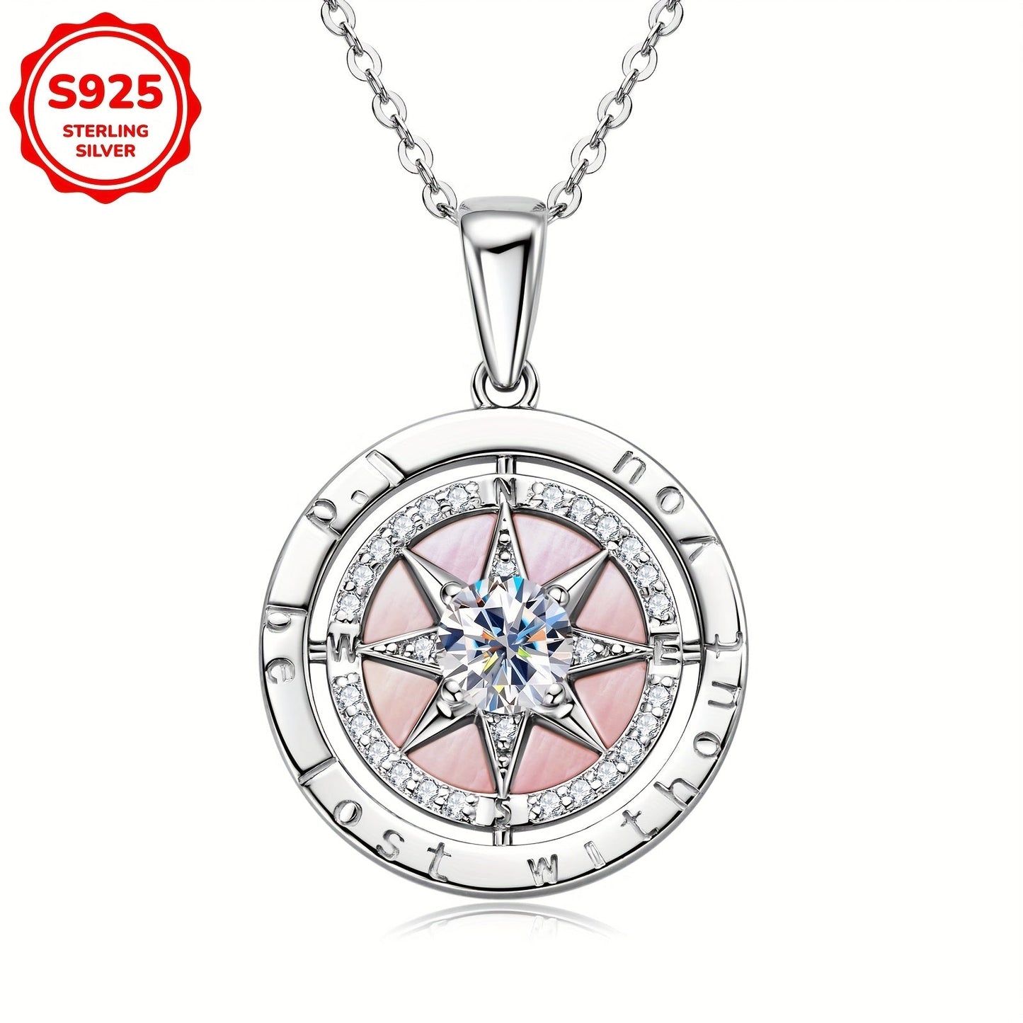 Necklace with Compass Pendant Made of 925 Sterling Silver, Adorned with White Cubic Zirconia and Pink Mother of Pearl, 45+5cm Chain Included - Perfect Graduation Gift