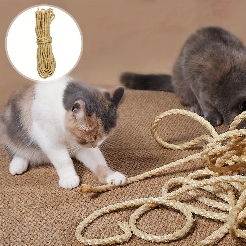 10M long natural sisal rope cat scratcher with DIY paw claw furniture protector for cats made from natural fabric material.