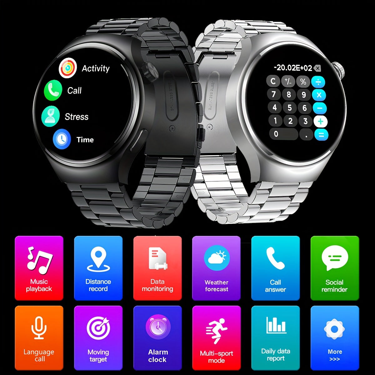 1.39-inch smartwatch with full touch screen for wireless calls, supports Android and iPhone, 100+ sports modes, customizable faces, tracks calories, steps, distance, and sports fitness.