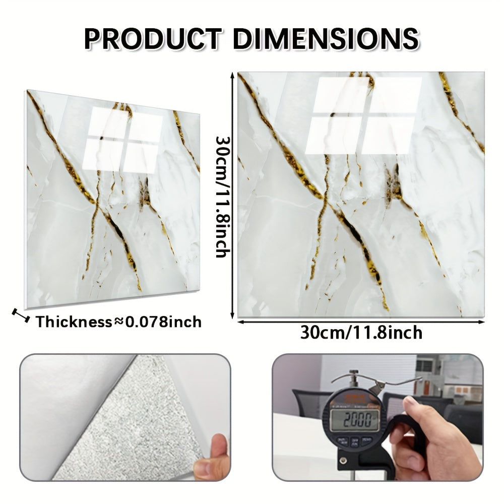 30 self-adhesive marble effect wall tile stickers for kitchen and bathroom decor, waterproof PVC, cuttable and peelable, in gray and golden design.