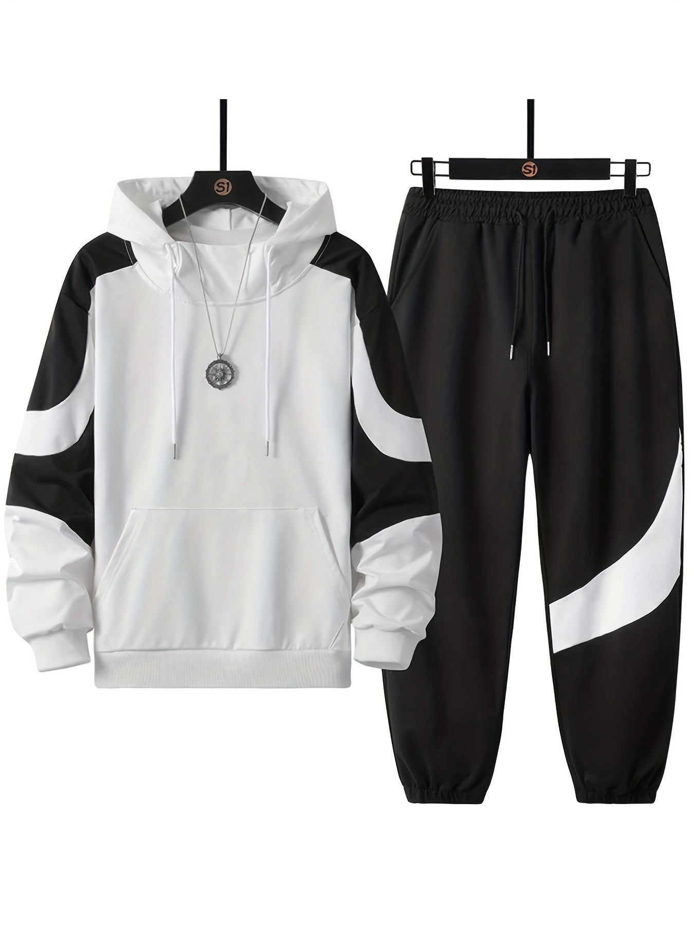 Colorful patterned hooded sweatshirt and sweatpants set for plus size men's autumn/winter clothing