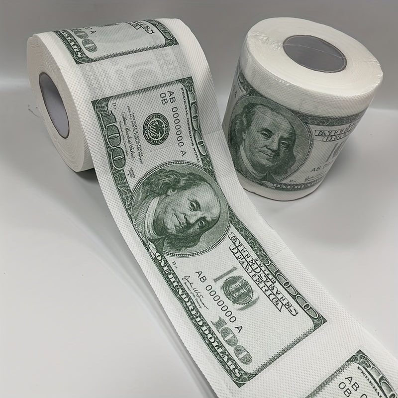 A humorous $100 bill toilet paper roll featuring money pattern design. Made of wood pulp paper tissue, this novel gift is perfect for household cleaning supplies, party supplies, party decor, home decor, or as a unique holiday gift.