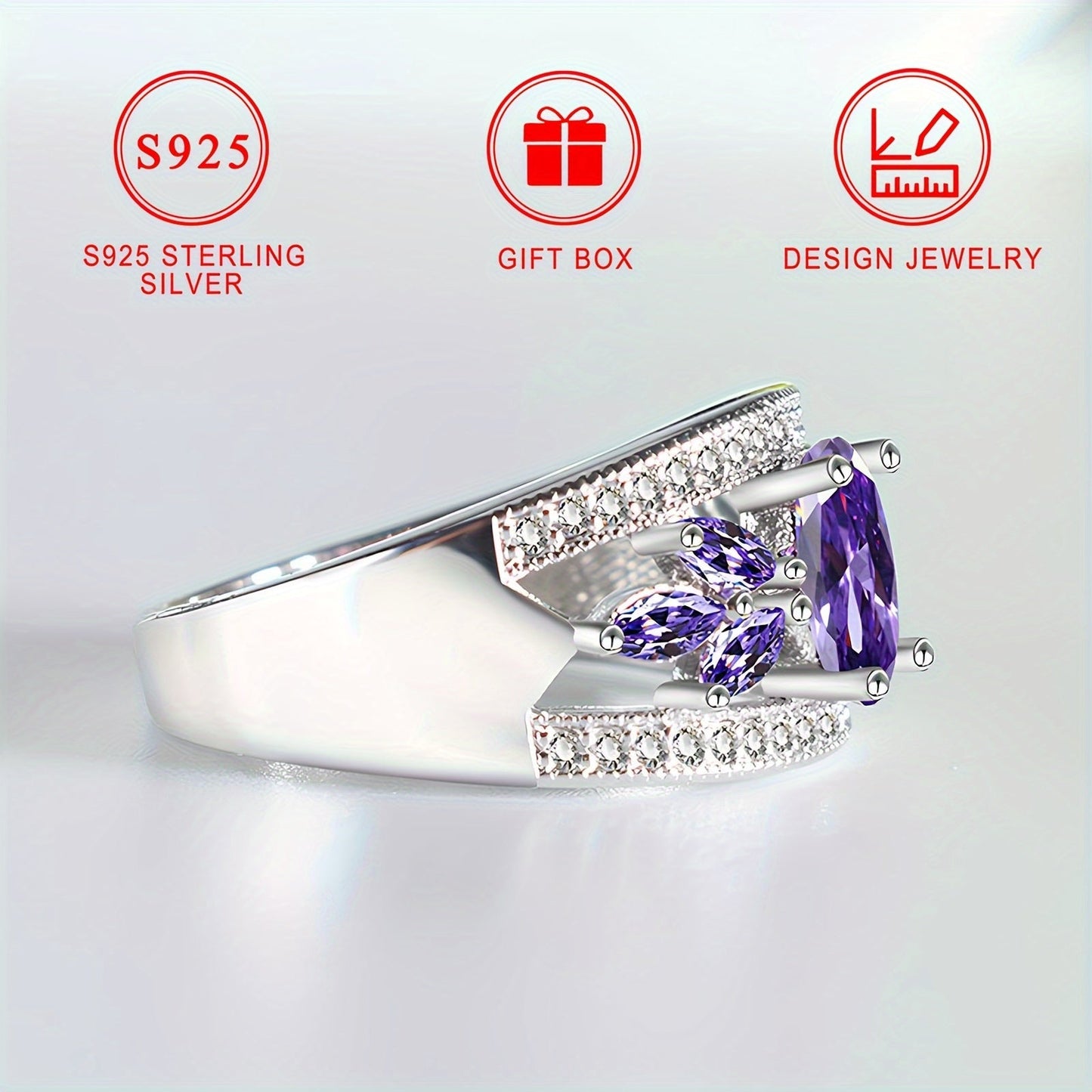 Luxurious S925 Sterling Silver Ring with Sparkling Purple Cubic Zirconia, Hypoallergenic and Nickel-Free, Ideal for Everyday Wear and Gift-Giving. Comes with a Gift Box, perfect for a touch of luxury and blingbling style, suitable for any occasion.