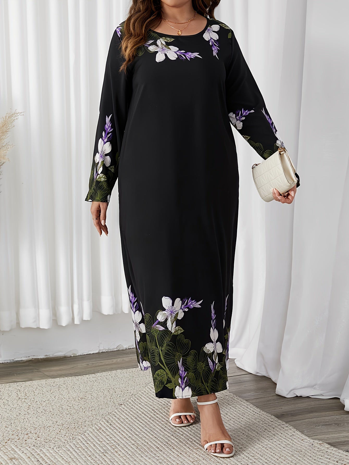 Floral Ankle Length Dress with Long Sleeves, Perfect for Spring & Fall, Plus Size Women's Clothing