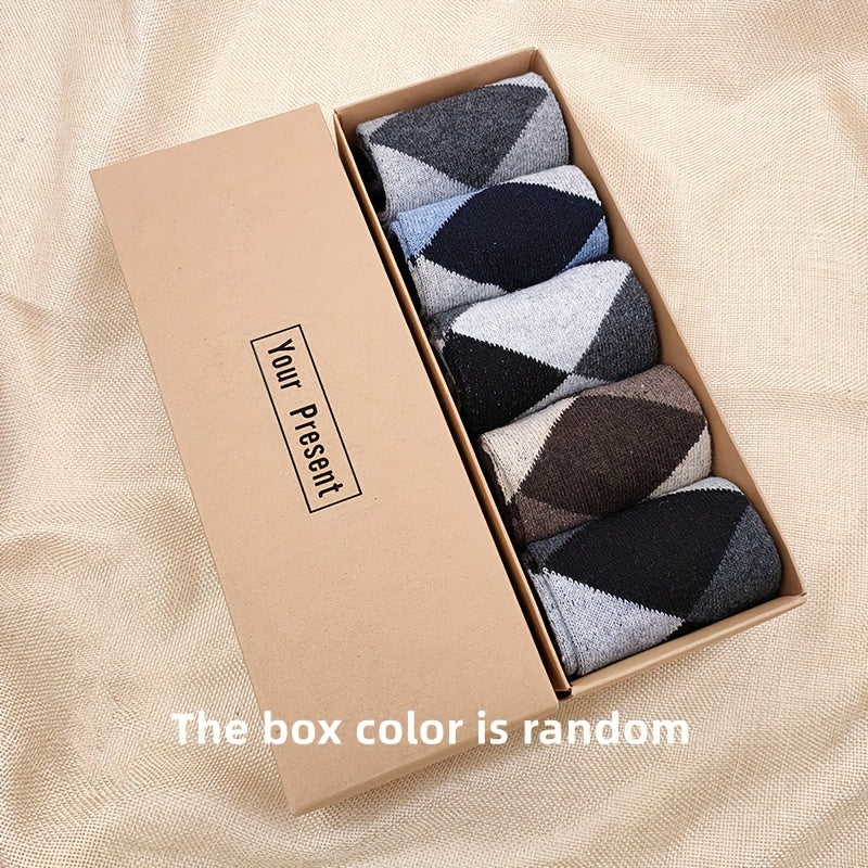 5 pairs of men's warm and comfortable wool socks, boxed for gifting.