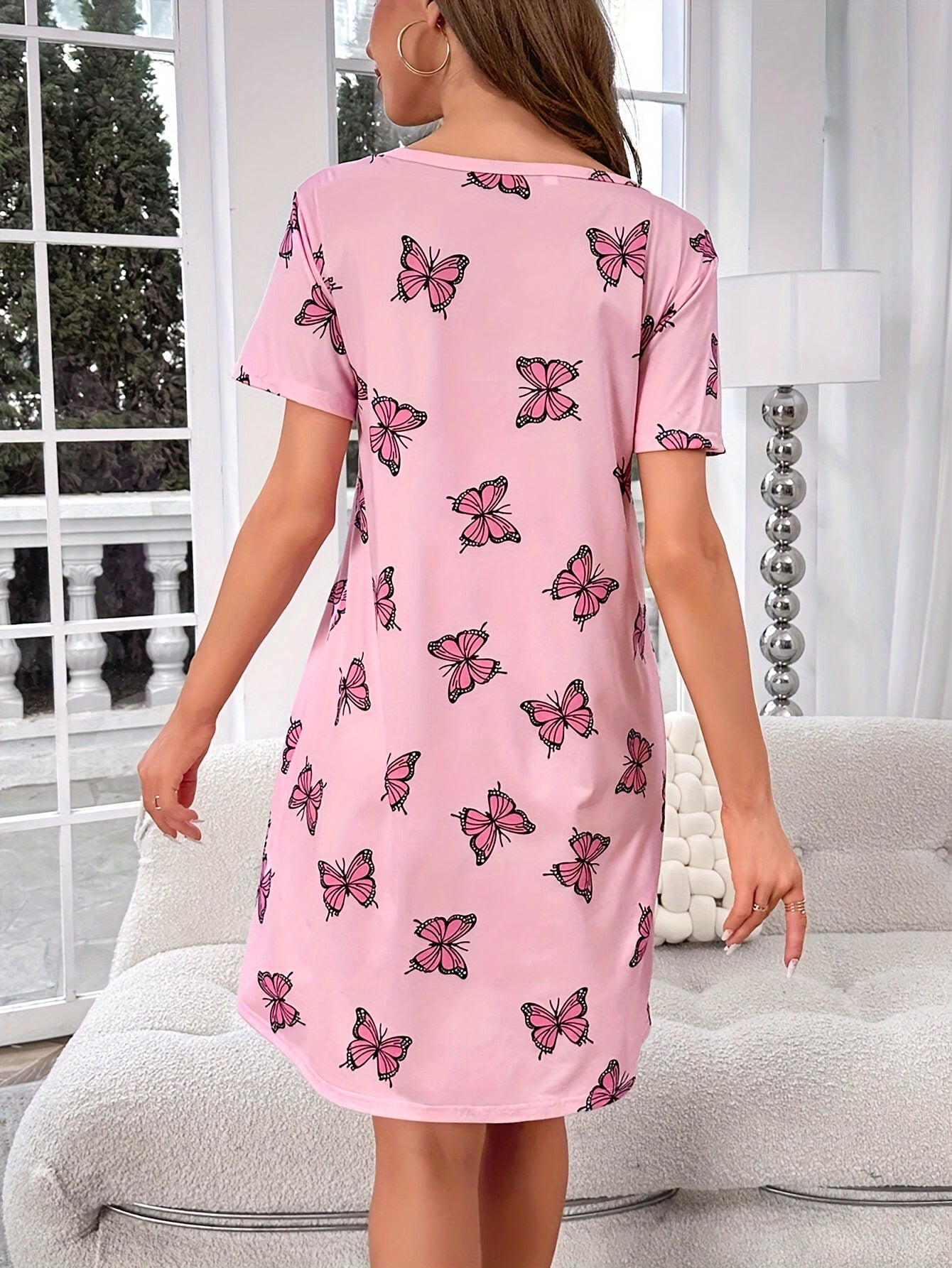 Butterfly print nightdress with short sleeves and round neck tee, ideal for women's sleepwear.