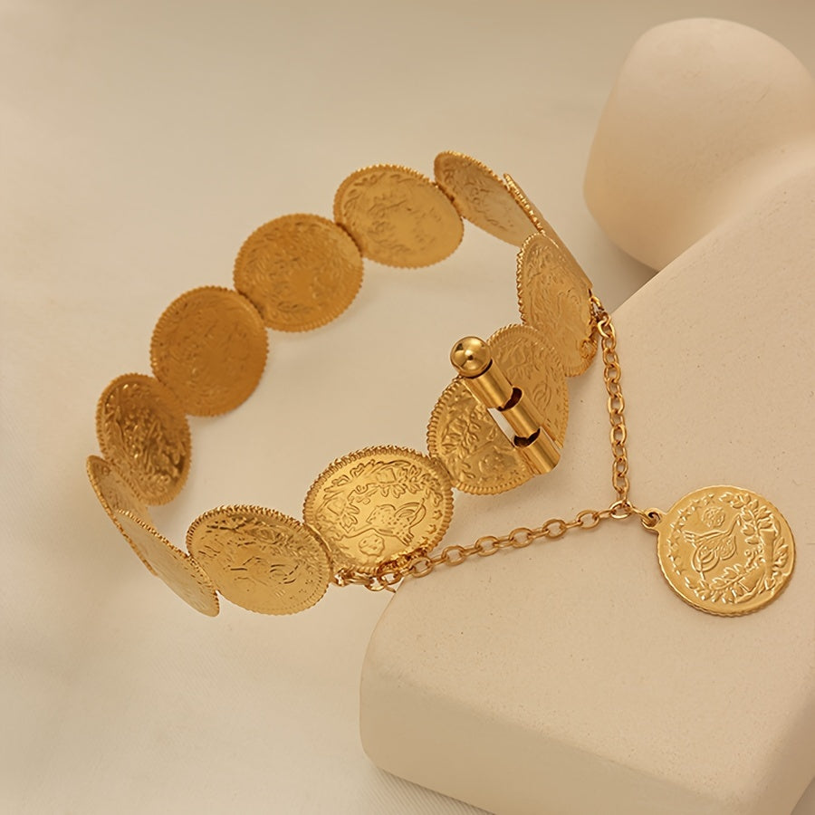 22K gold plated bangle bracelet with coin detail, inspired by vintage style. Made of copper alloy, suitable for both everyday and party wear.